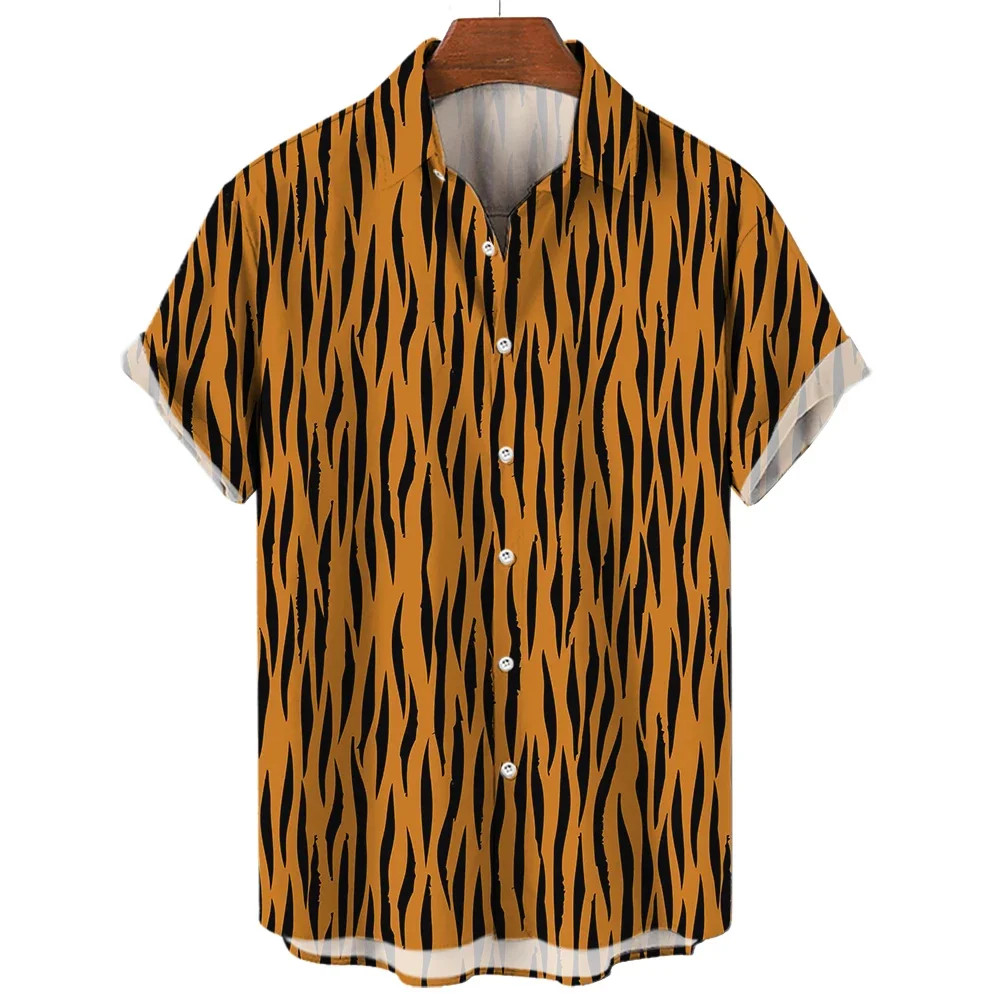Men’s Leopard Print Oversized Short Sleeve Button-Up Shirt with Lapel