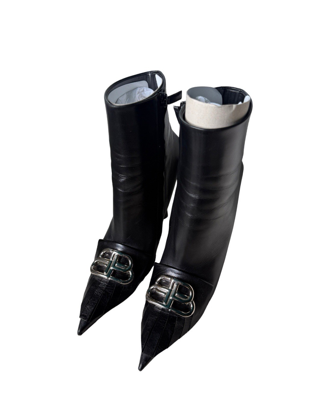 Balenciaga Black Leather BB Logo Buckle Pointed Toe Stiletto Ankle Bootie 39