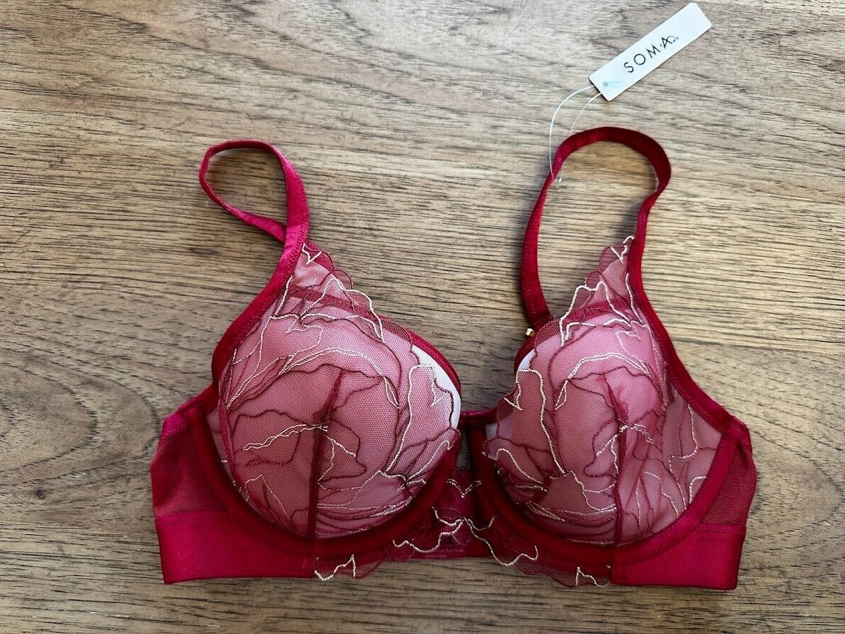 SOMA Intimates Paint The Town Red 36D Linework Embroidery Light Lined Plunge Bra
