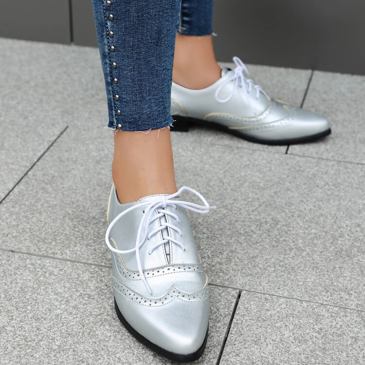 Pointed Toe Women’s Faux Leather Lace Up Shoes Dress Flat College Oxfords Pump