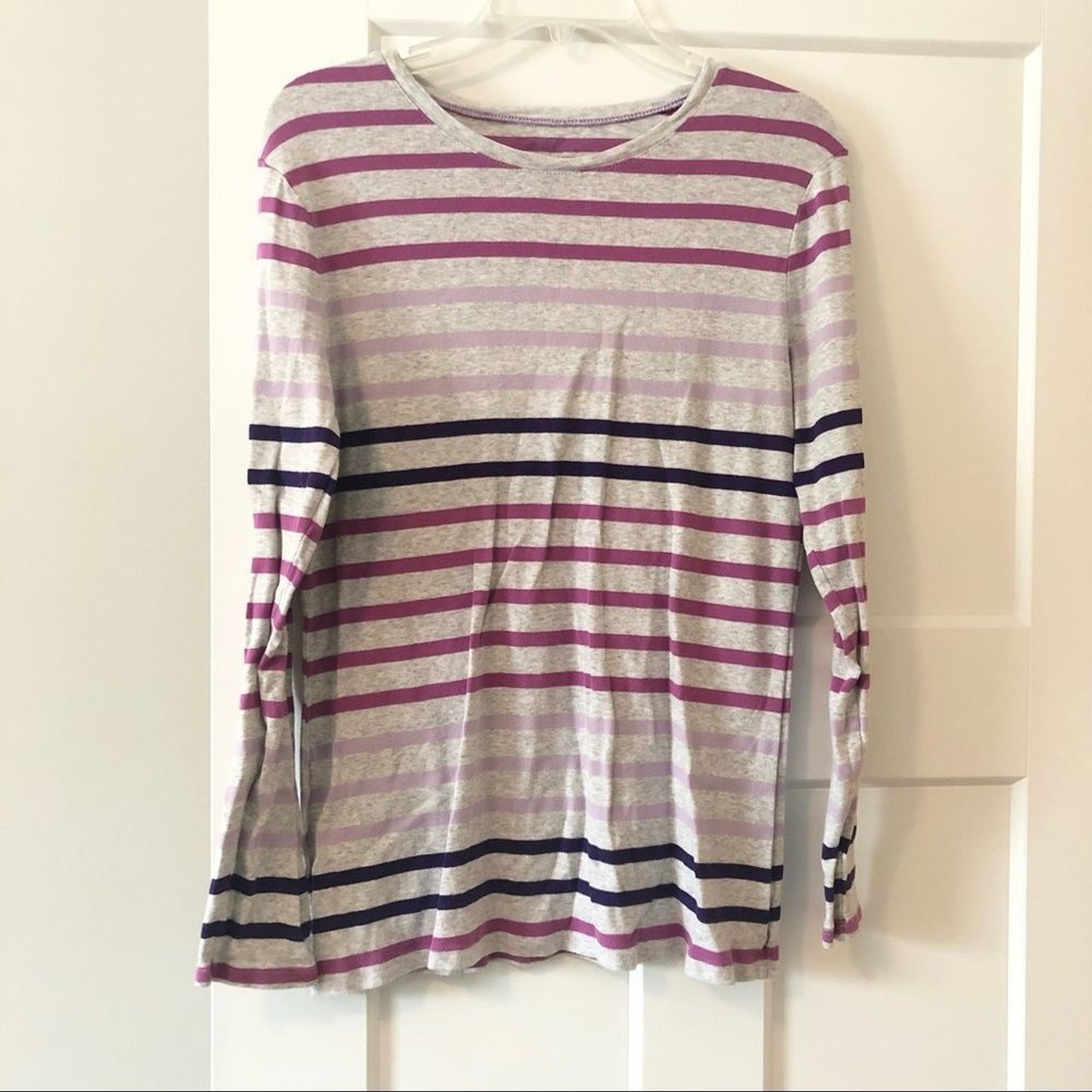 Grey and purple striped long sleeve shirt