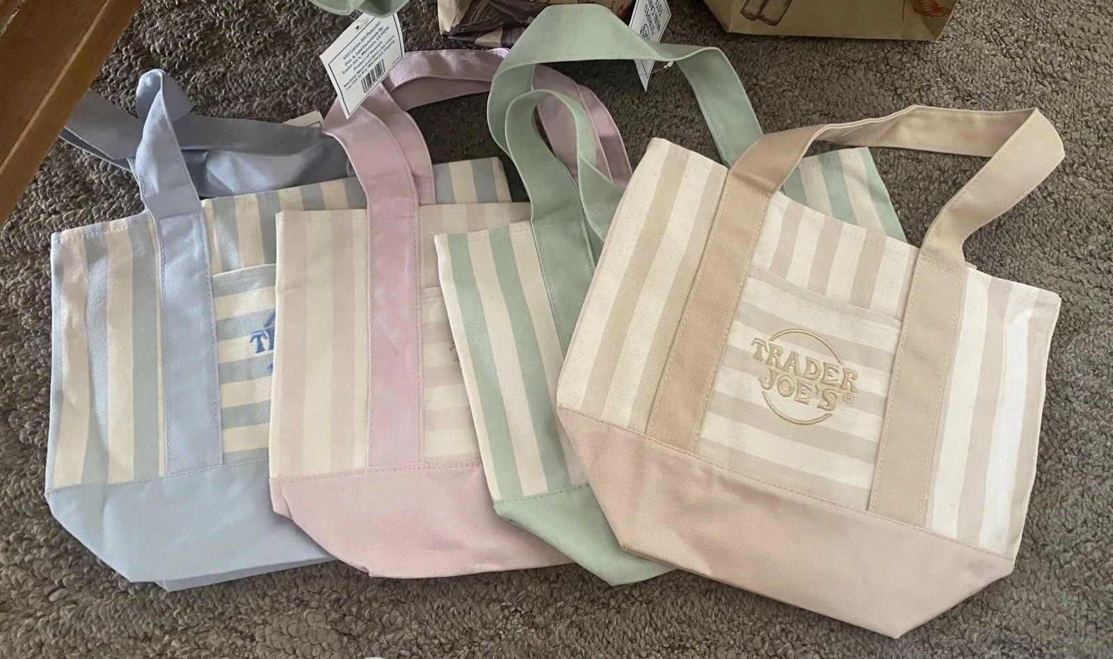 TRADER JOE’s Mini Pastel Stripe Canvas Tote Bag Limited Edition Set Of 4