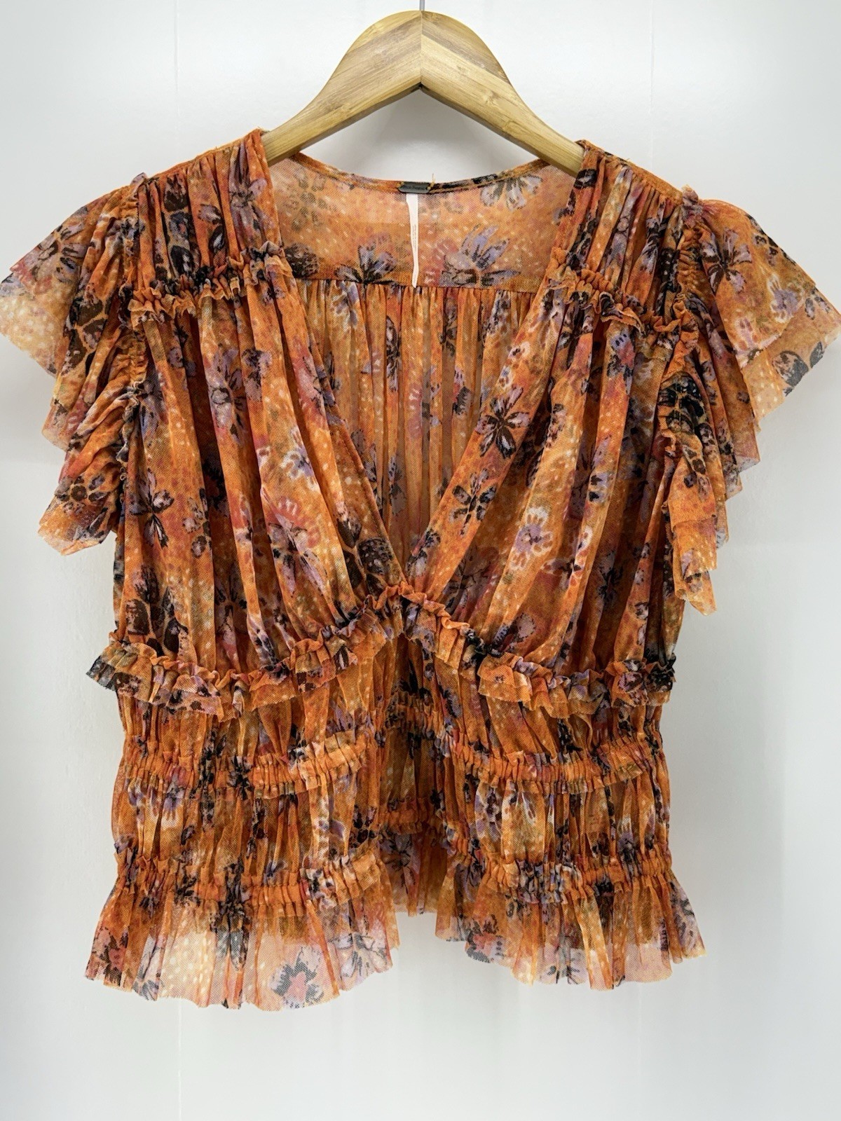 FREE PEOPLE- Women’s SMALL Orange Floral Making Me Smile Top Cropped Sheer