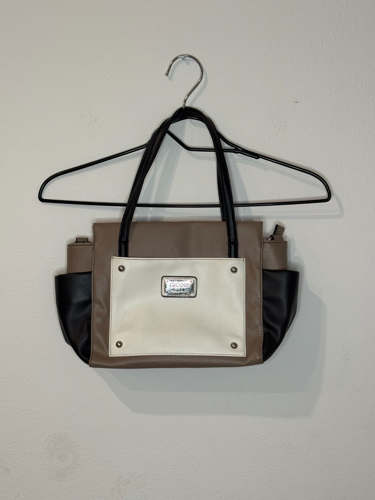 Nicole by Nicole Miller Colorblock Satchel Handbag Brown Cream Black