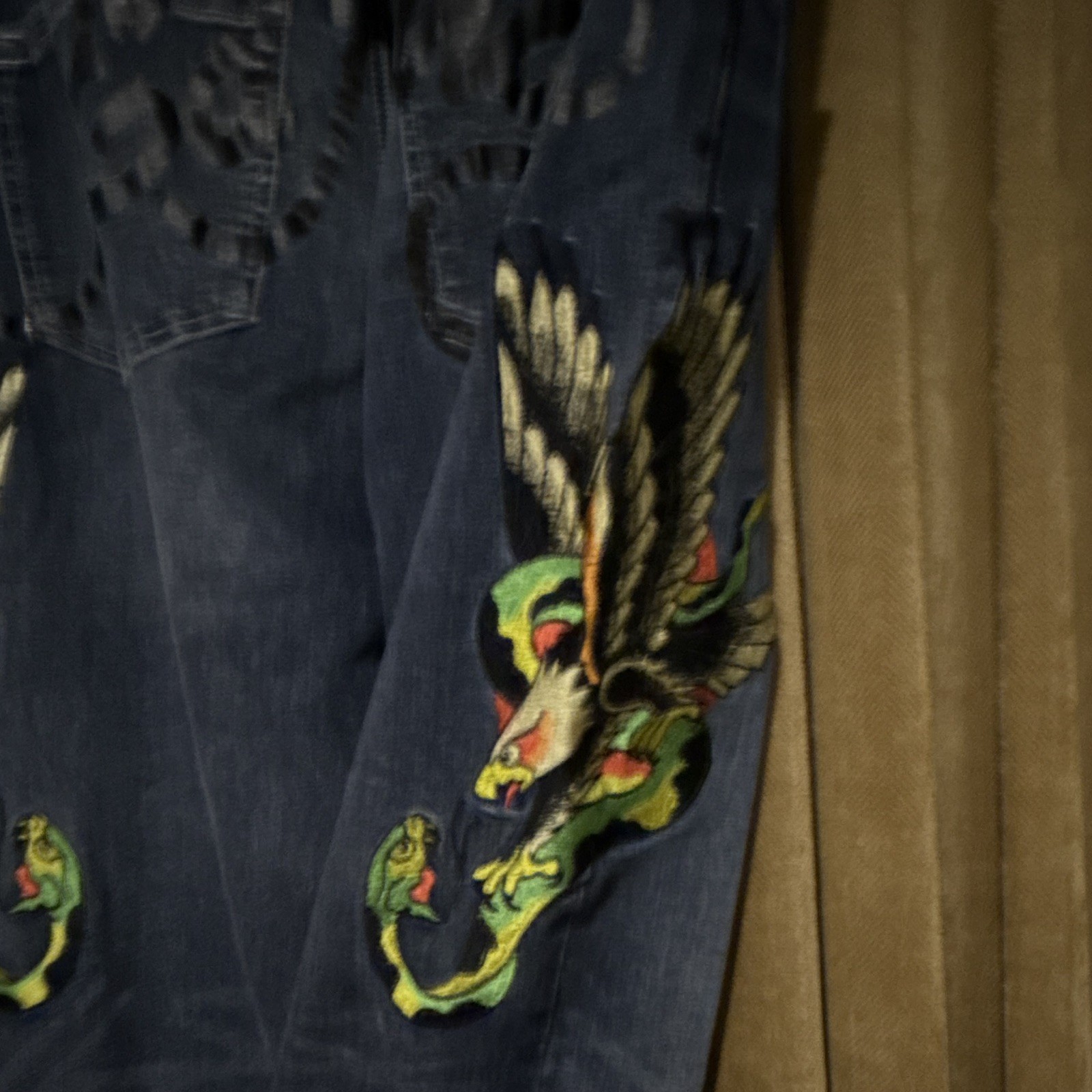 NWT Y2K Hardy Men Slim Straight Dark Wash Denim Jean Embroidered Winged Snake 32