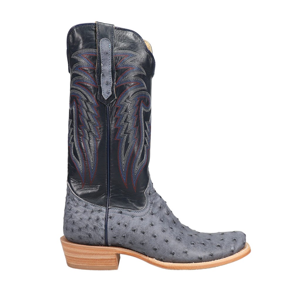 R. Watson Boots Full Quill Ostrich Embroidered Square Toe Cowboy Mens Blue Casu