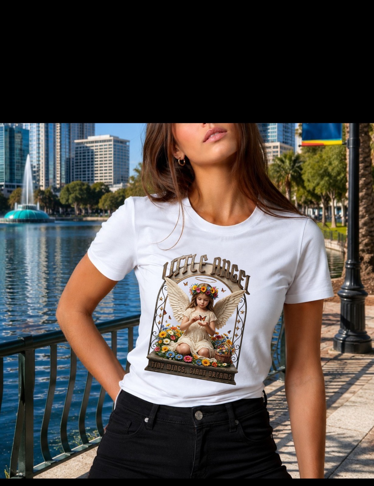 Women’s White Polyester Blend T-Shirt Angel Graphic Print Crew Neck Short Sleeve
