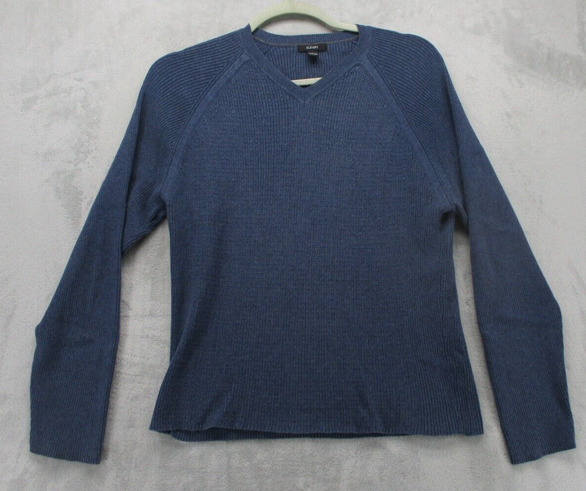 Alfani V-Neck Sweater Men’s Large Blue Solid Color Geometric Pattern 100% Cotton