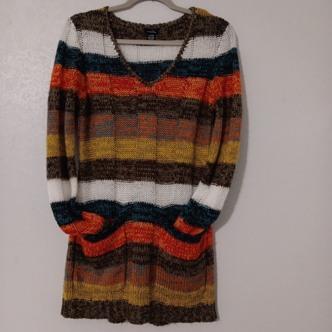 Rue21 Long Tunic Sweater Women’s Sz XL Multi-Color Stripes V-neck w/ Pockets…