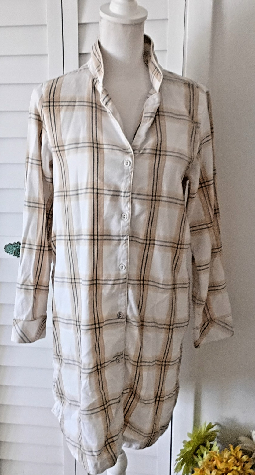 Soft Surroundings beige Plaid long sleeve Nightshirt lounge soft flannel S