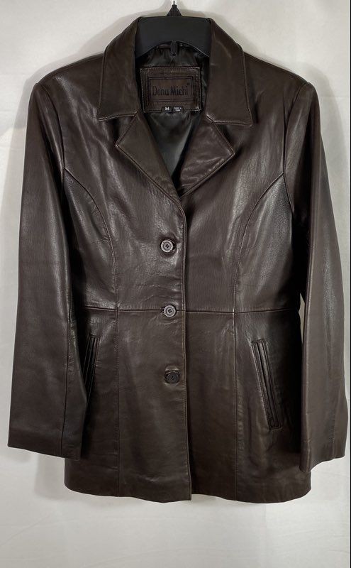Dona Michi Women’s Dark Brown Leather 3-Button Blazer Car Coat Jacket Sz M