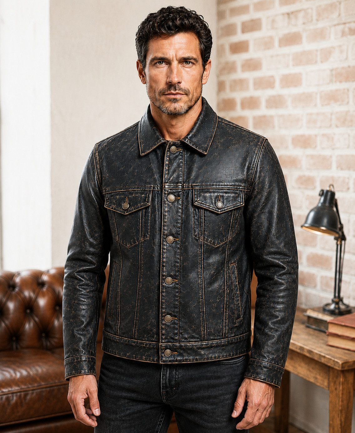 Men’s Lambskin Distressed Trucker Jacket Black Vintage Style Leather Jacket