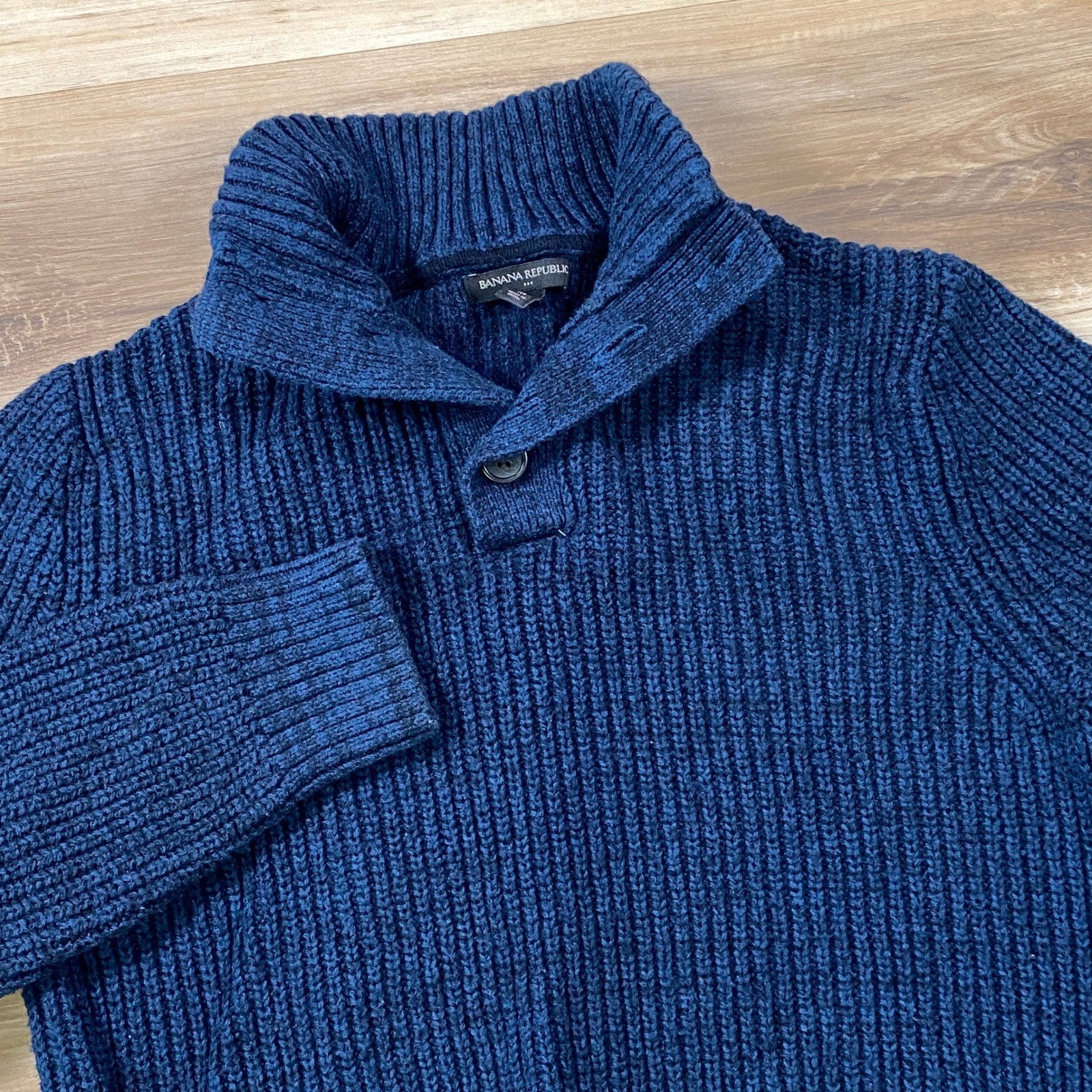 Banana Republic Sweater Mens Medium Shawl Collar Cotton Wool Ribbed Navy Classic