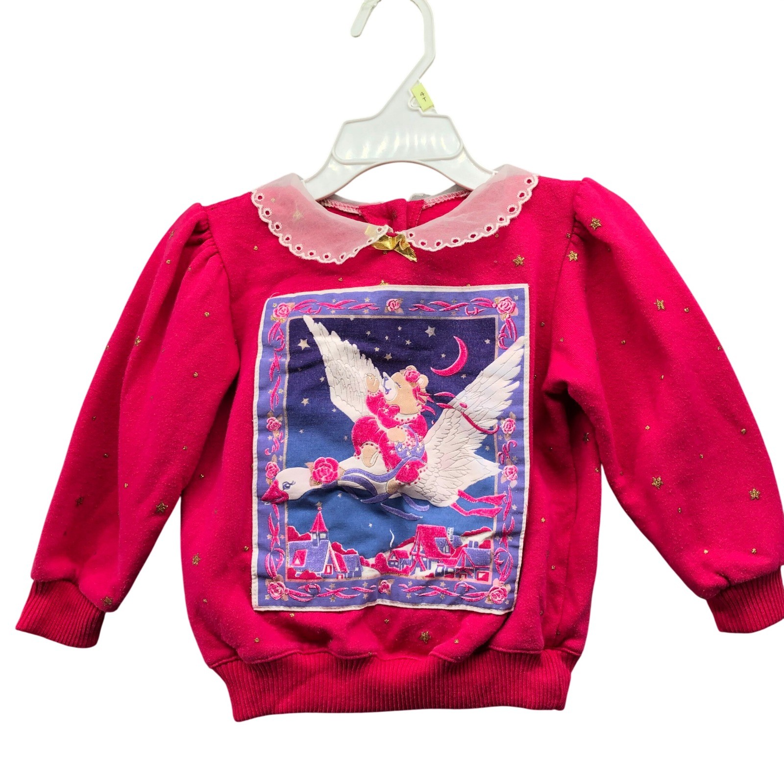 Vintage 80s 90s Spumoni Teddy Bear Swan Lace Collar Sweatshirt Pink Girls 2T