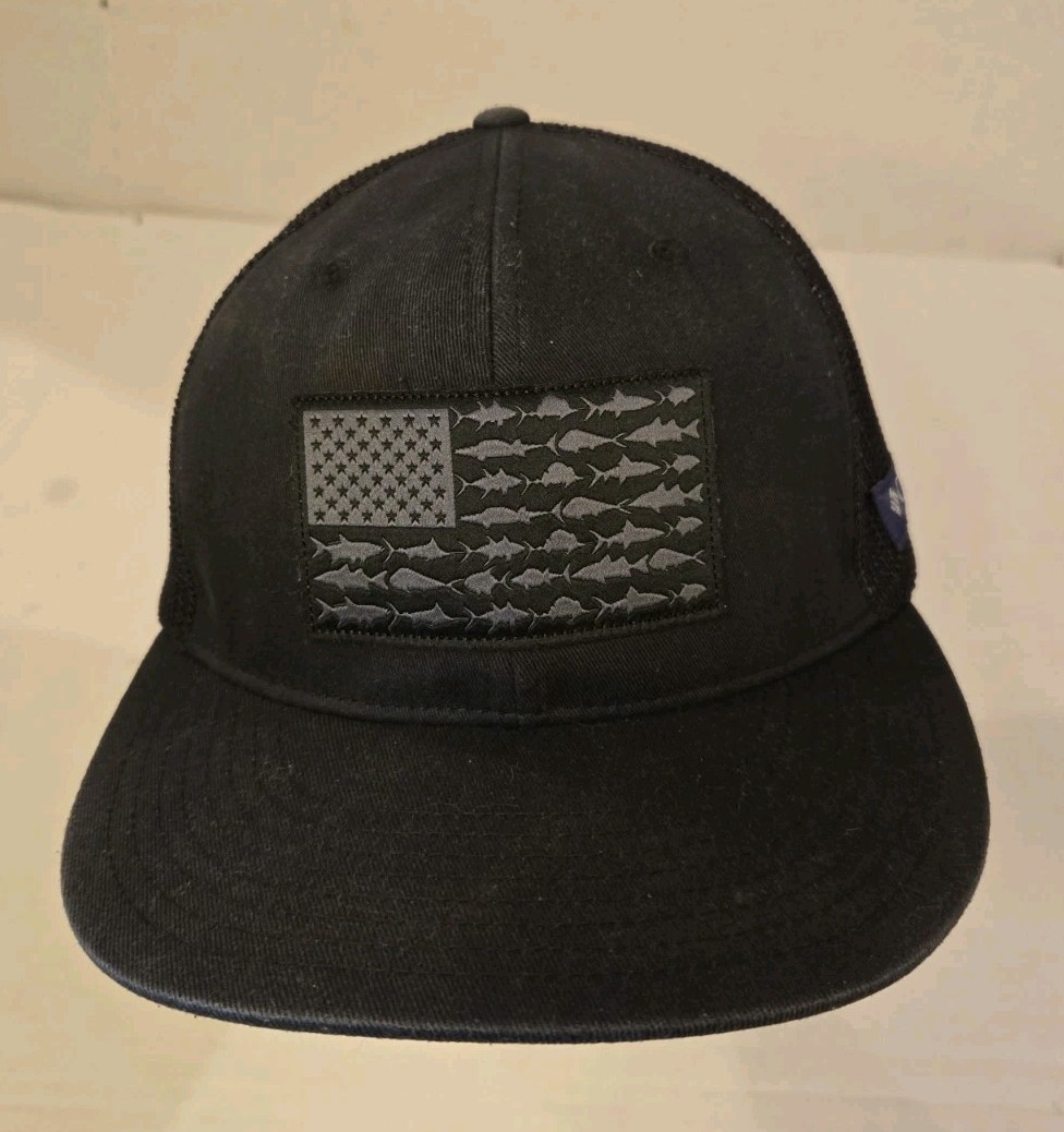 Columbia PFG Performance Fishing Gear Black Mesh Back Hat Flag With Fish S/M FIT