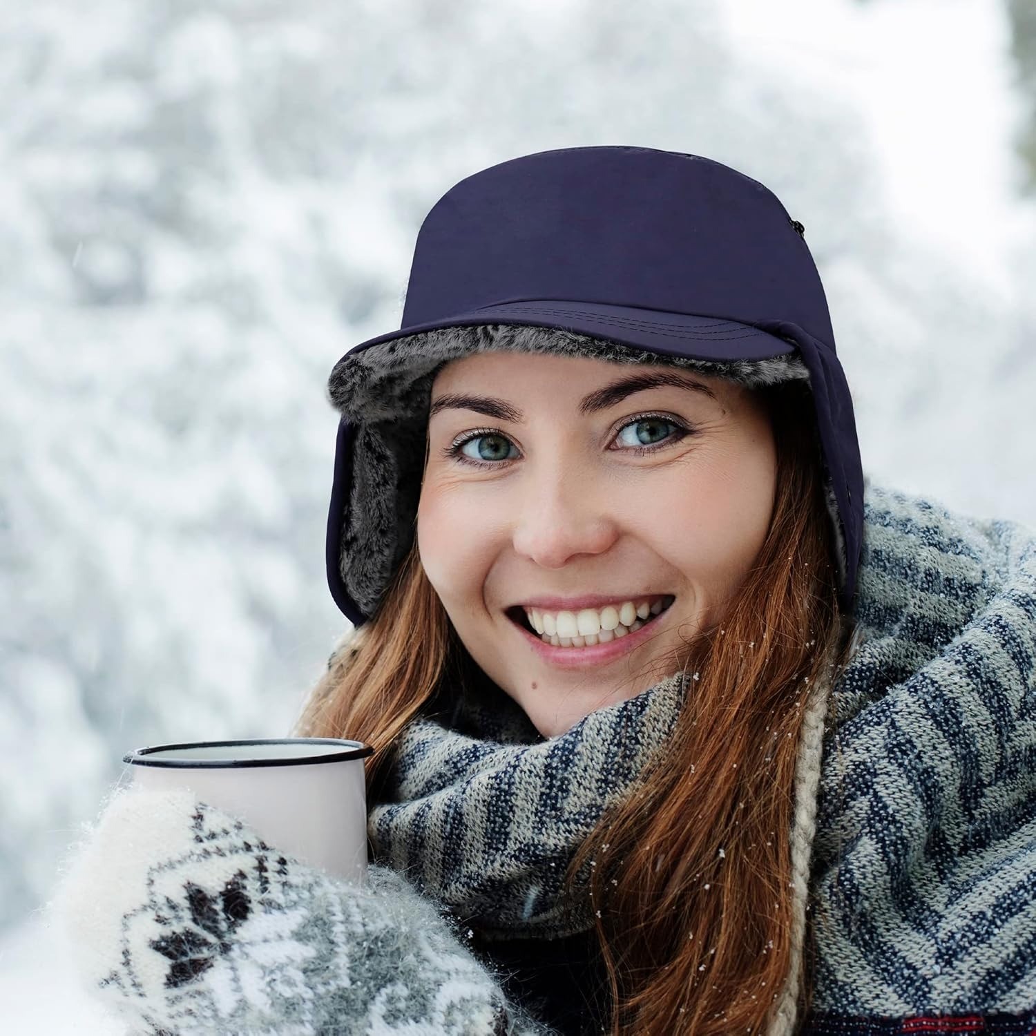 Men’s Winter Hat with Visor Warm Earflaps Hat Fully Lined Faux Fur Hunting Hats