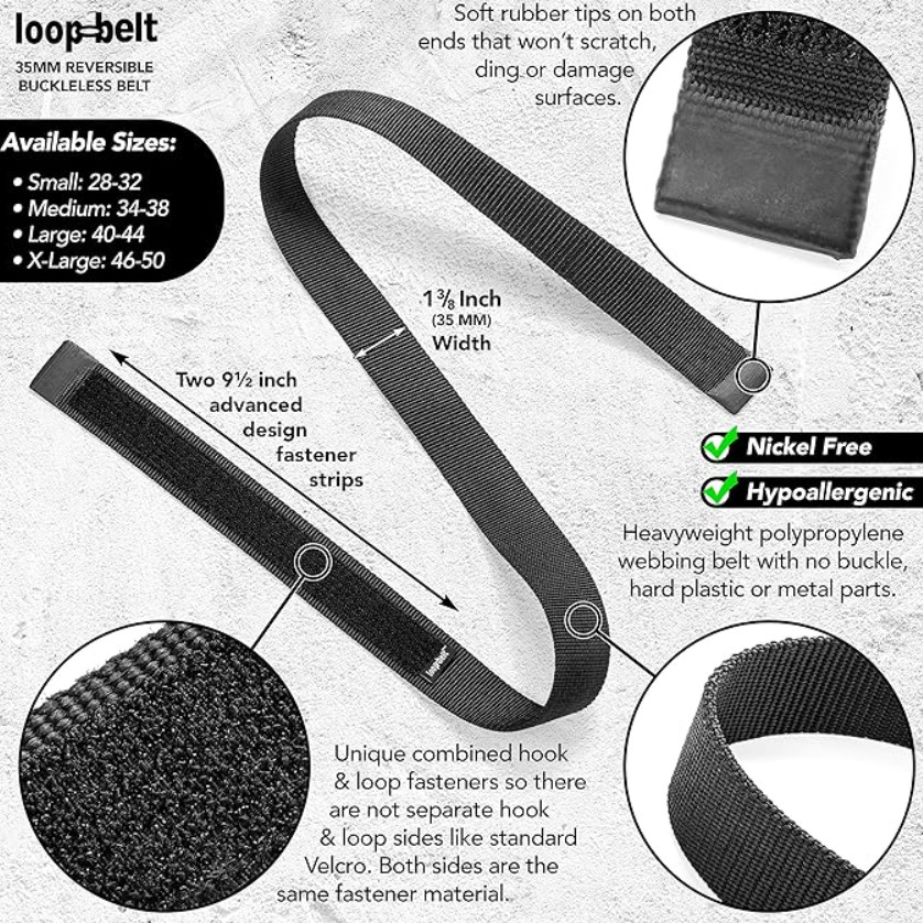 Reversible No-Scratch Web Belt with Hook & Loop Fasteners Black Medium 34-38