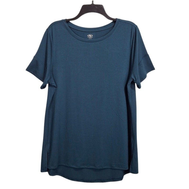 Athletic Works Womens Activewear Top L Blue Round Neck Short Detailed Sleeve