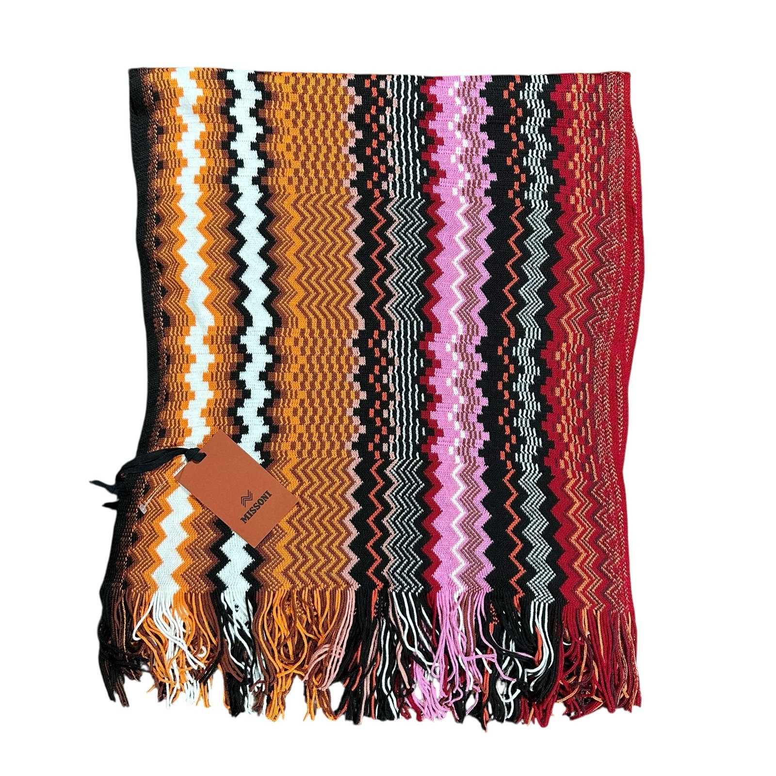 Missoni Women’s Zig Zag Knit Neck Scarf Multicolor Fringe Wool Italy 190×45 cm