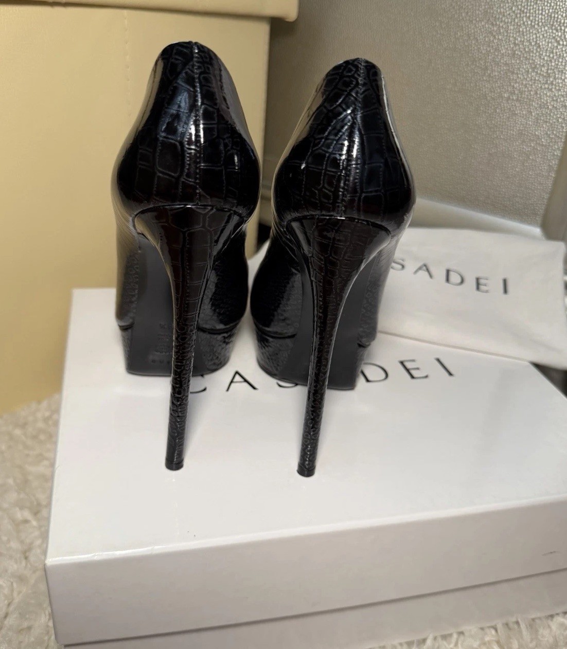 Authentic Casadei Black Croc Embossed Leather Peep Toe Platform Heels EU 36.5