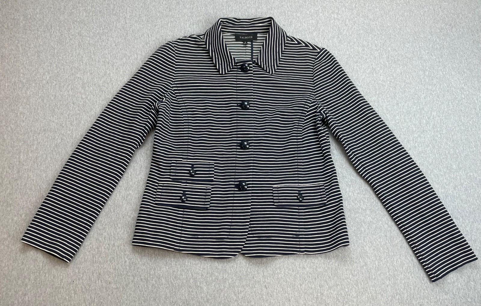 Talbots Jacket Womens 10 Black White Stripped Cotton Blend Stretch Knit Fabric
