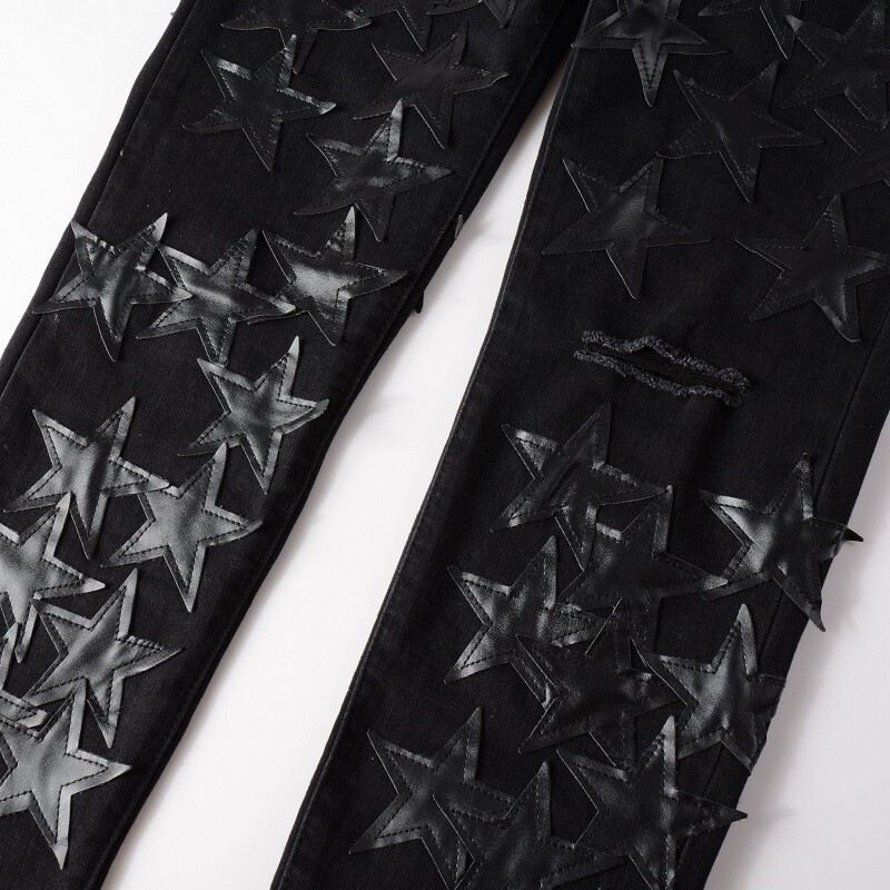 Men’s Ripped STAR PU Patchwork Grunge Skinny fit stretch Denim Washed jeans