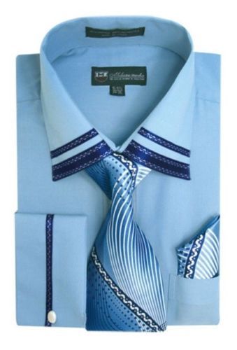 Fortino Landi Men’s French Cuff Dress Shirt with Tie and Handkerchief SG28