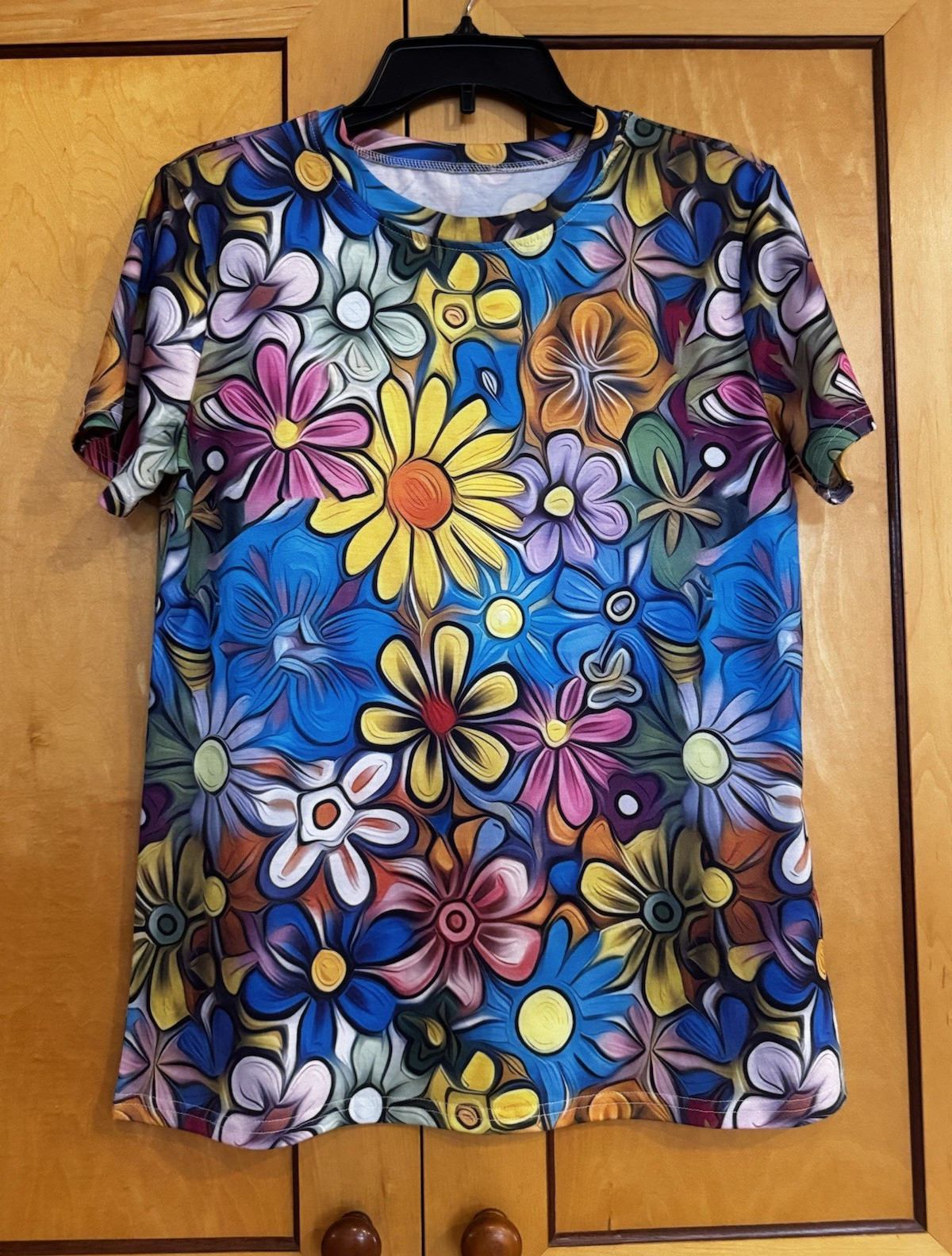 Women’s Multicolor Floral Crew Neck Short Sleeve Pullover T-Shirt M