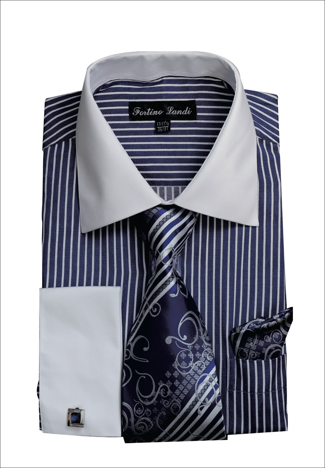 Men’s Striped Fashion French cuff Dress shirt with Tie & Hanky FL631