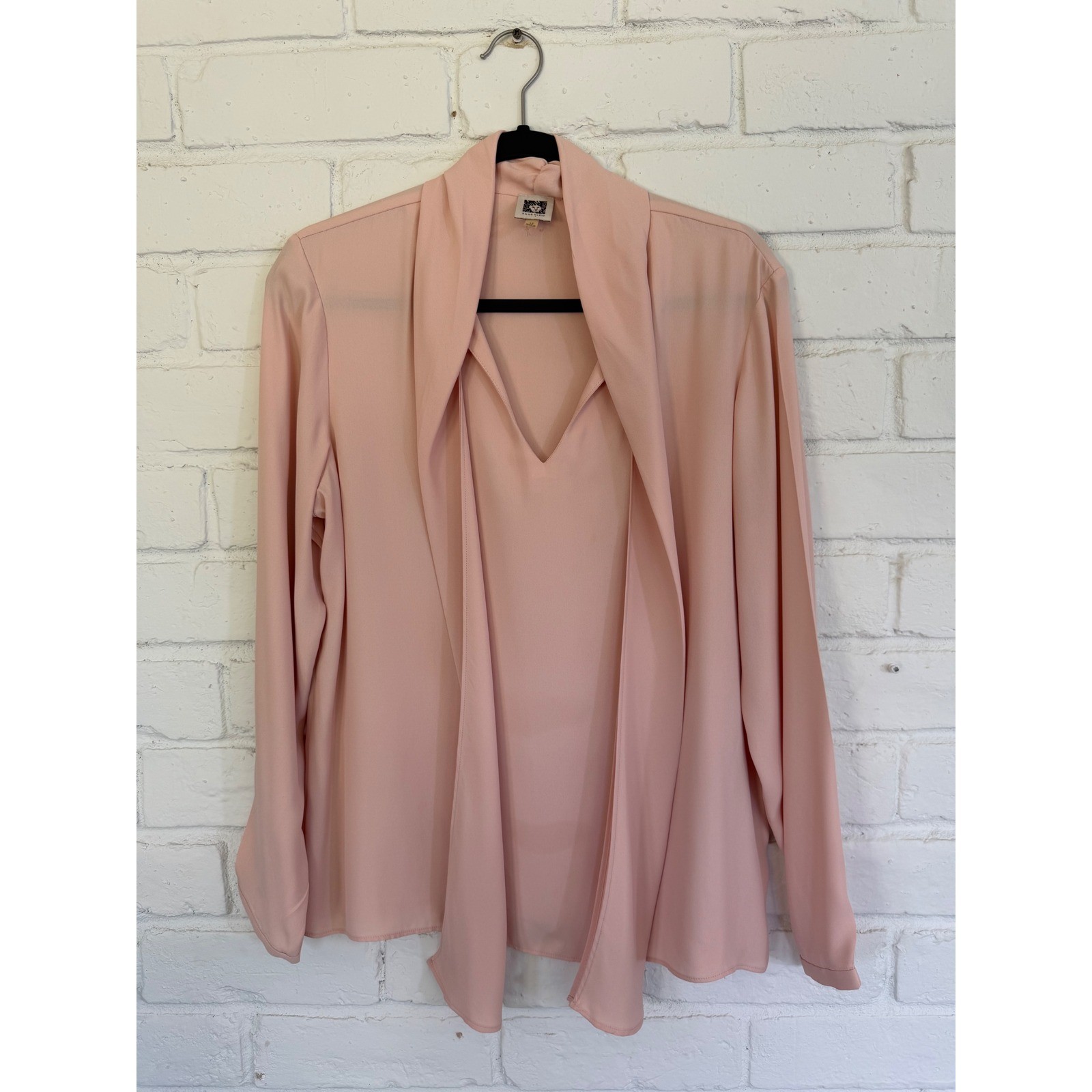 Anne Klein Vintage Blush Pink Tie Neck Blouse Long Sleeve Logo Button Top 12