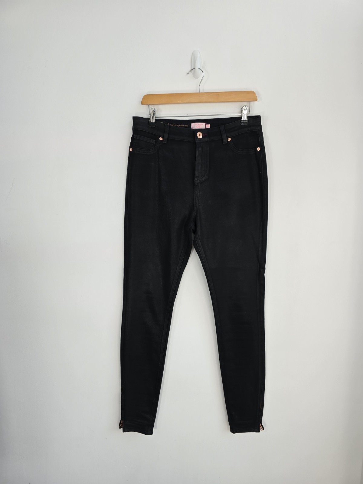 Ted Baker Black Jeans Skinny Size 12 Coated Womens Zip Fly Pockets Casual
