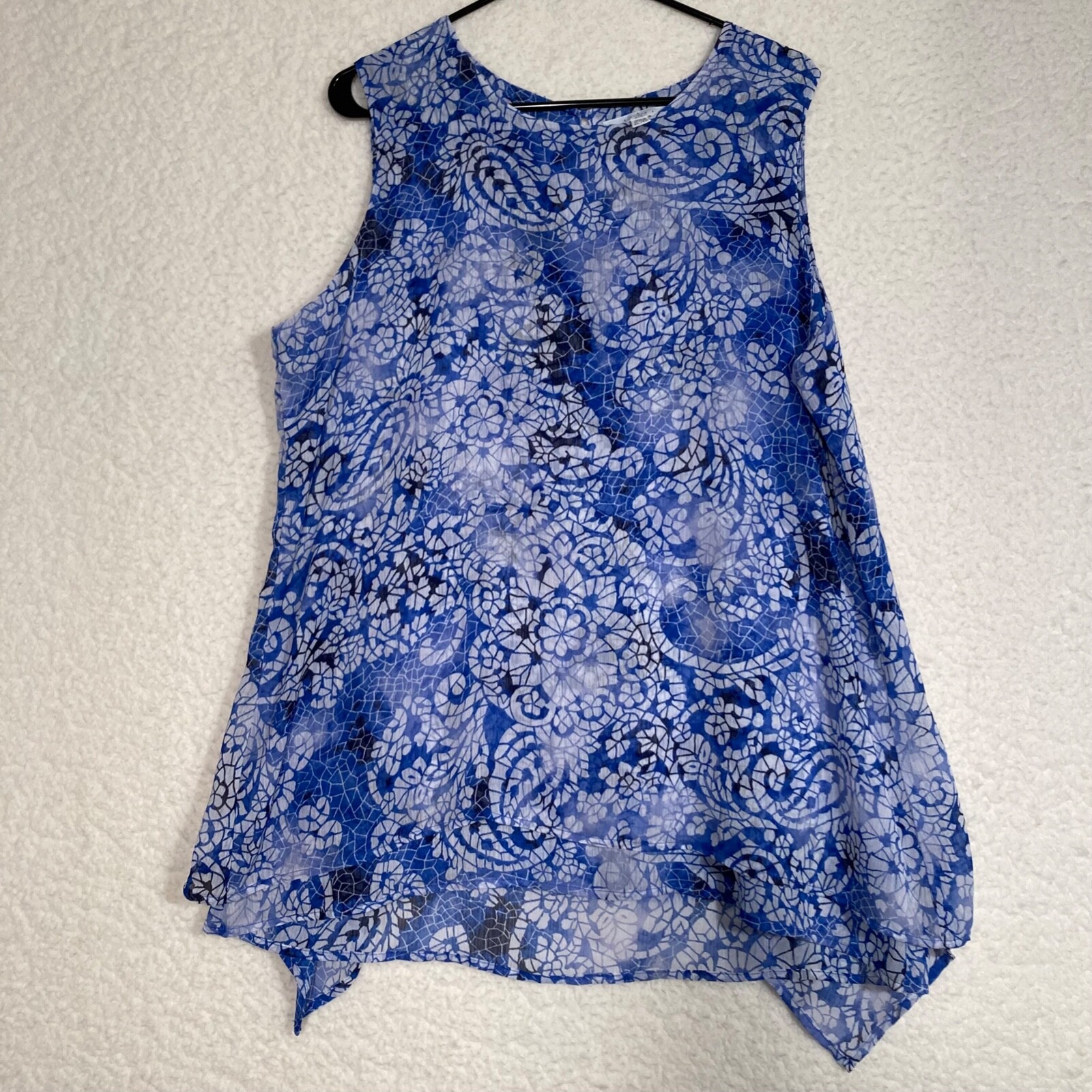 Fever Womens XL Top Shirt layered semi sheer blue patterned Sides high low