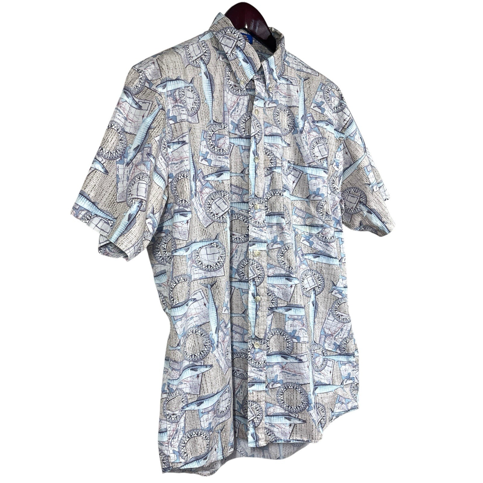 Pendleton Cotton Short Sleeve Button Up Shirt Mens L Fish Nautical Compass Print