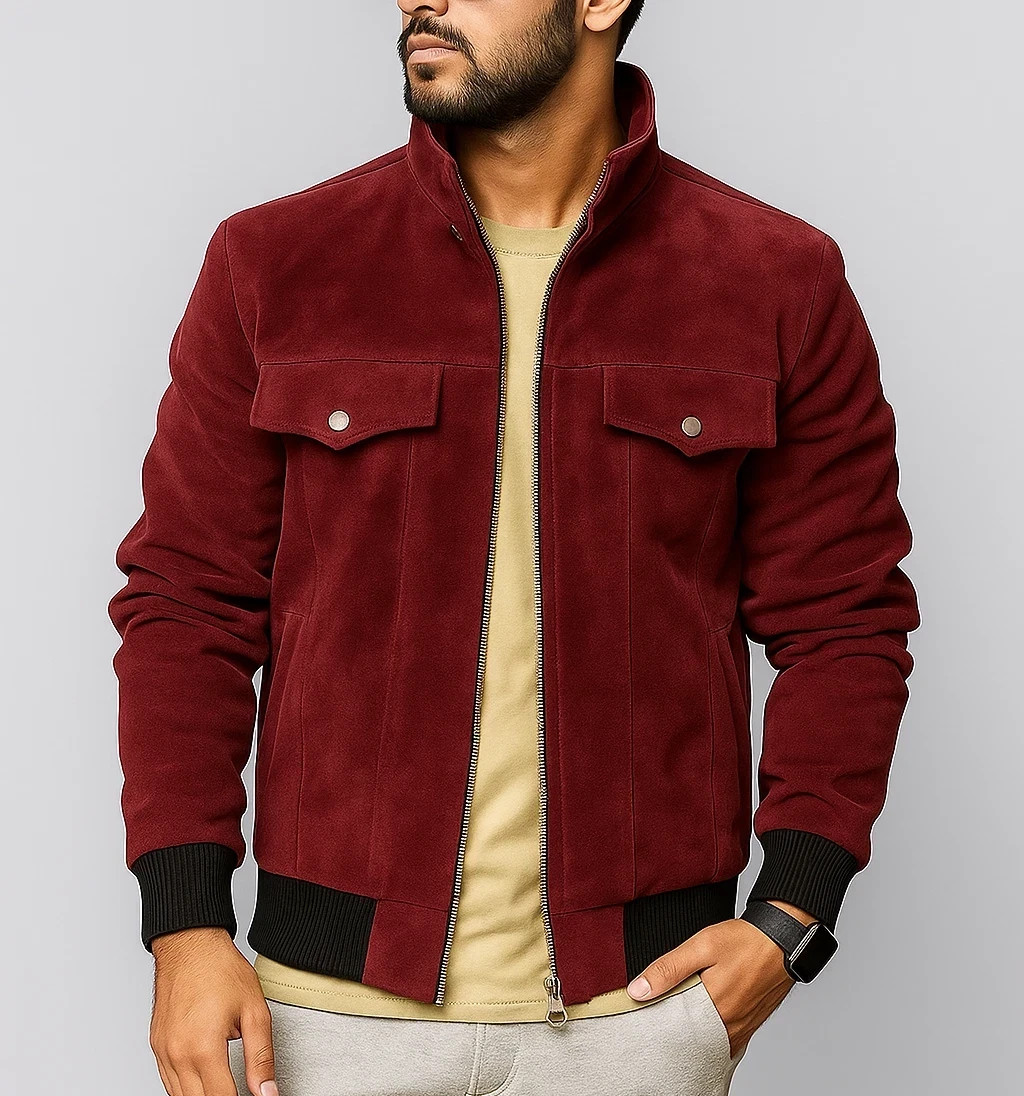 Burgundy RealSuede Leather Bomber Jacket for Men Size S M L XL XXL 3XL Customise