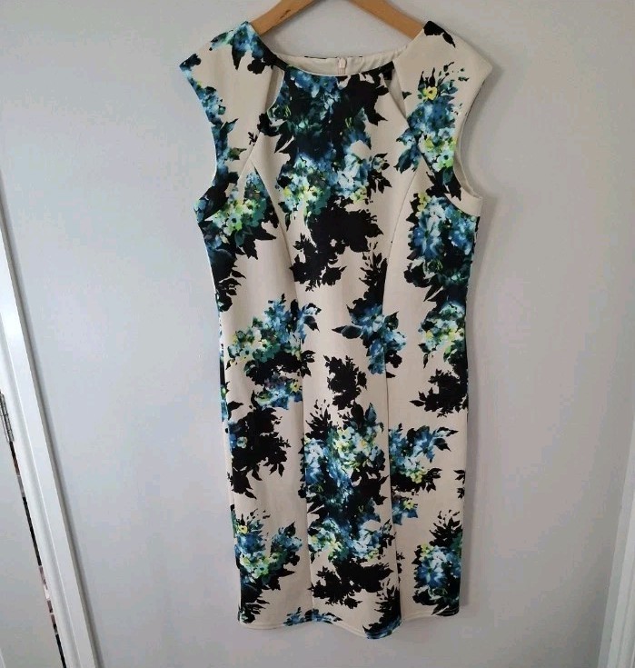 Wallis Dress Size 14 shift floral white beige blue black wedding event party