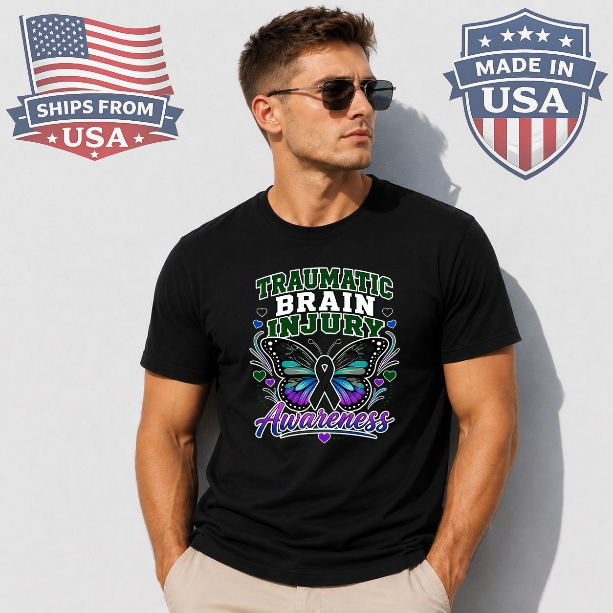 Traumatic Brain Injury Awareness Butterfly Graphic T-Shirt
