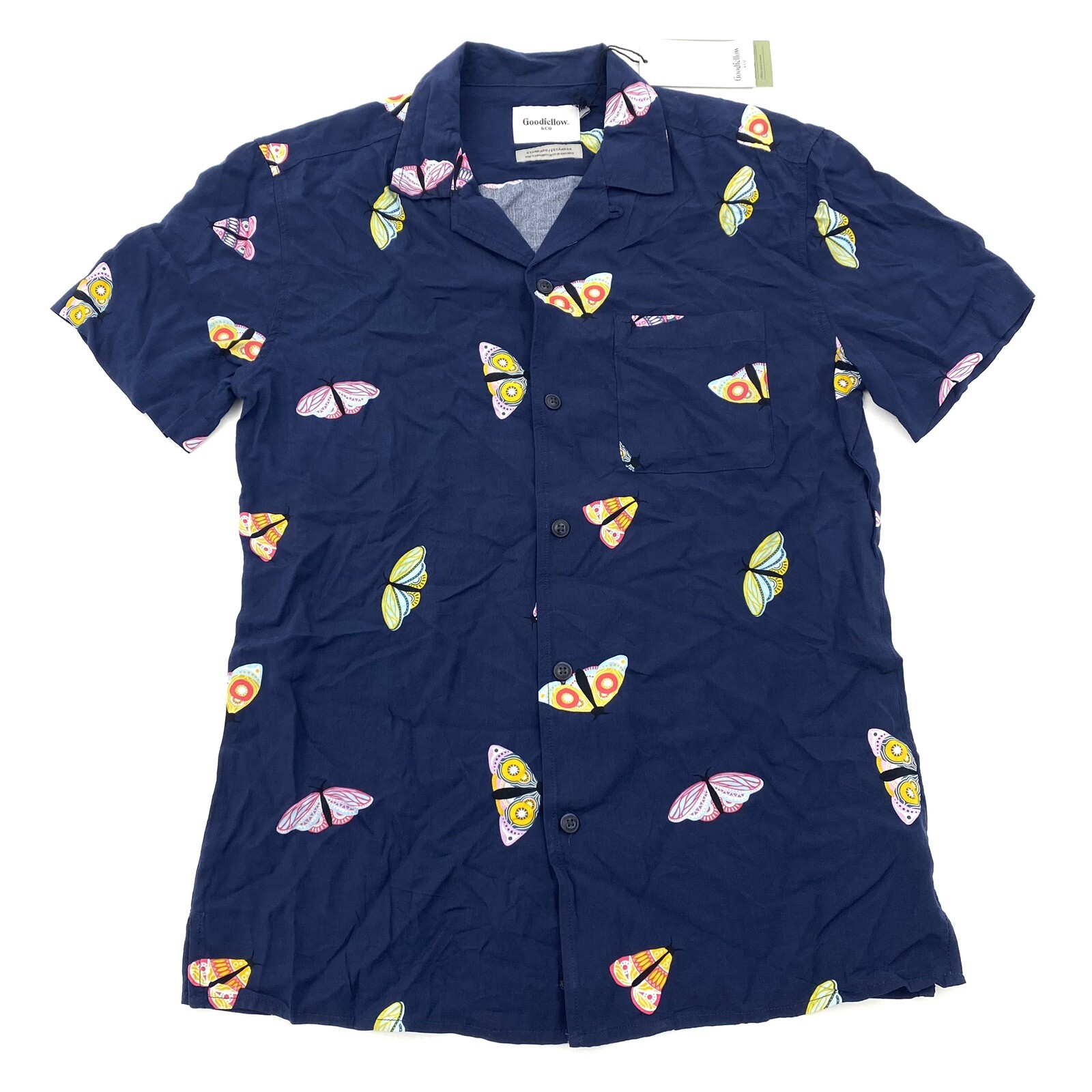 Goodfellow & Co. Mens Size S Short Sleeve Button Up Shirt Navy Butterfly