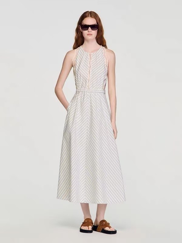 Sandro Lace edged diagonal stripe elastic high waisted sleeveless round neckdres
