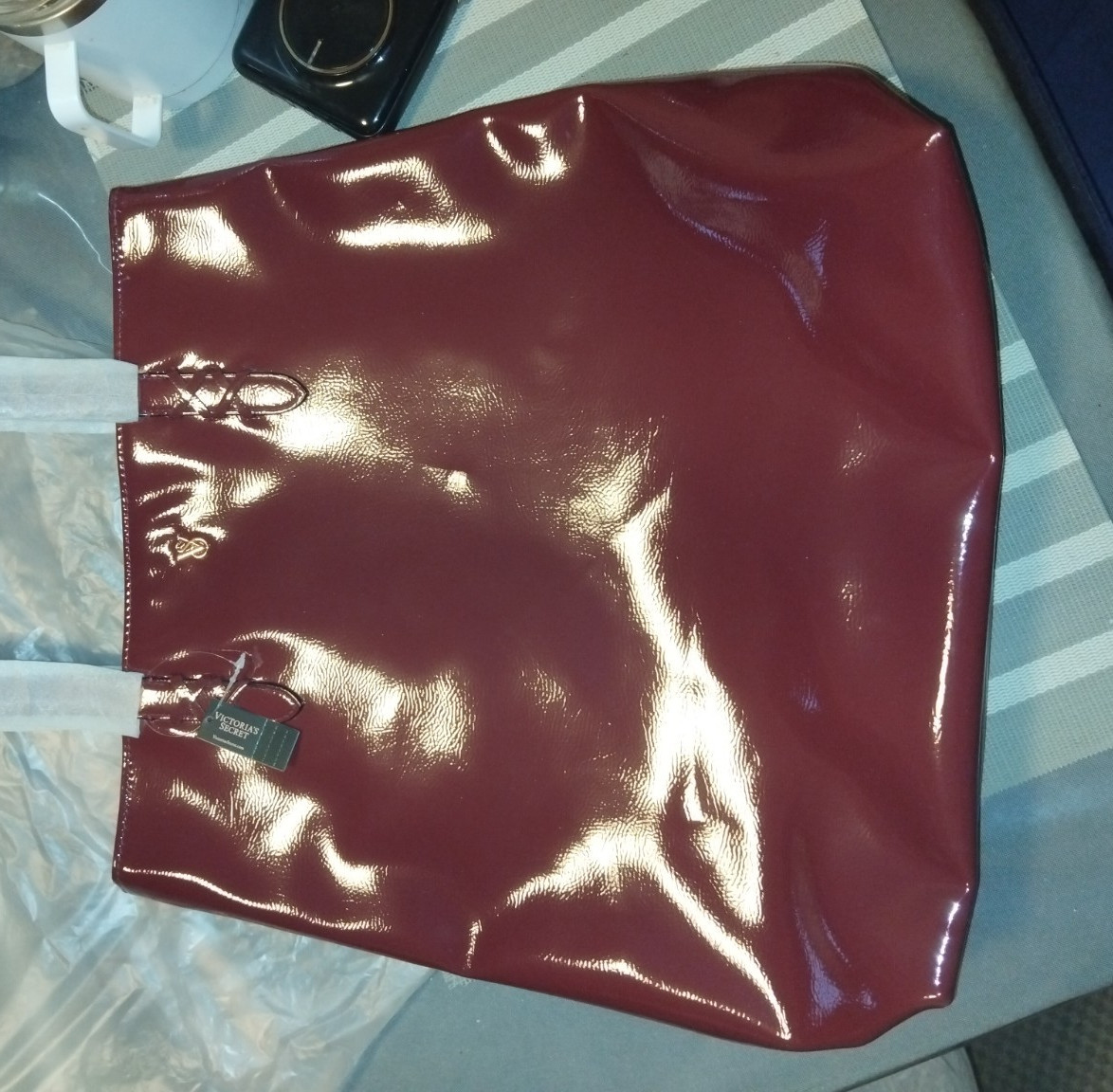 Victoria’s Secret Burgundy Patent Finish Large Tote Logo Lined Dust Bag