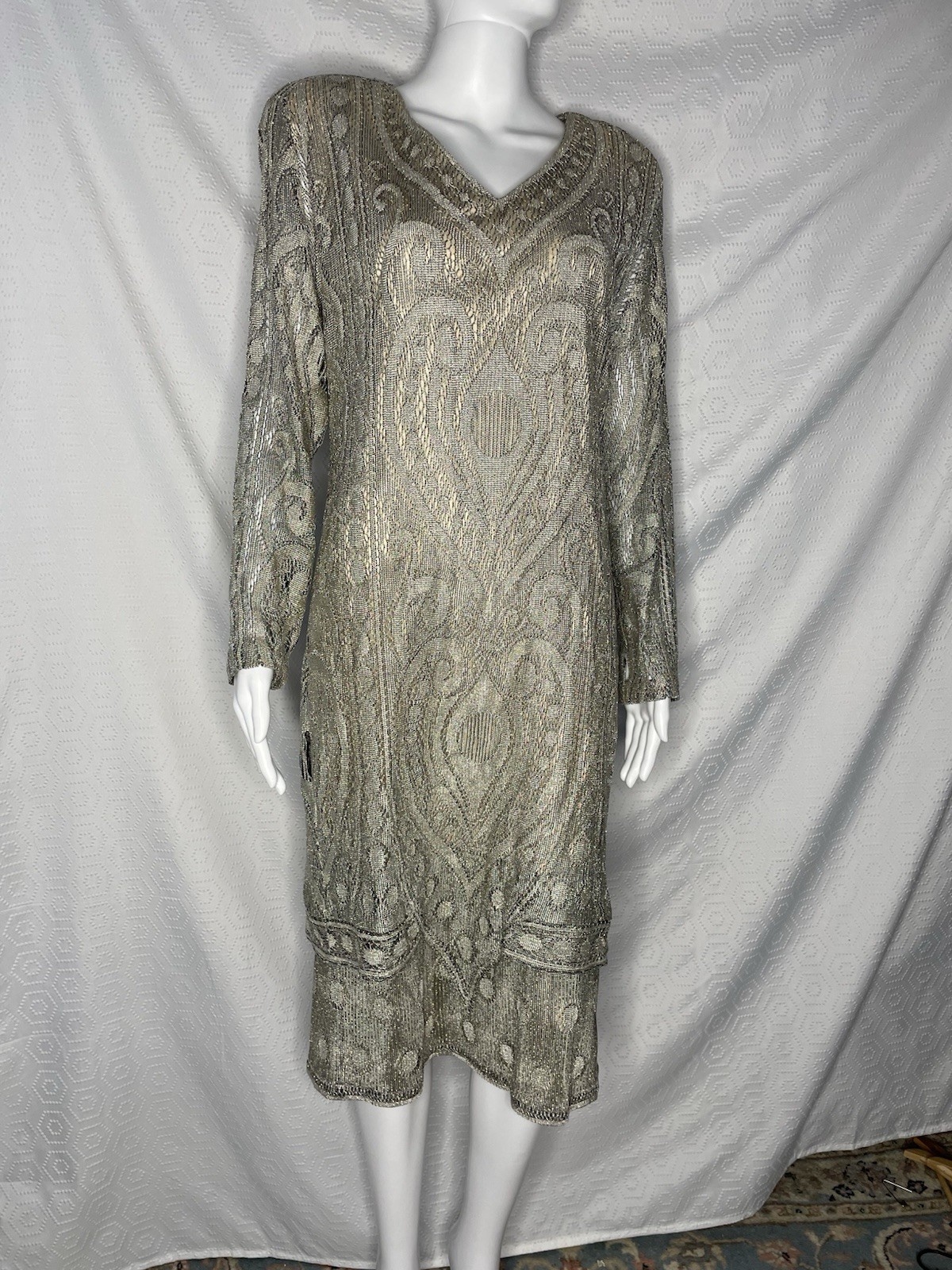 Vintage Damianou 80s Beige Metallic Knit Dress Stretch M 20s Gatsby Flapper