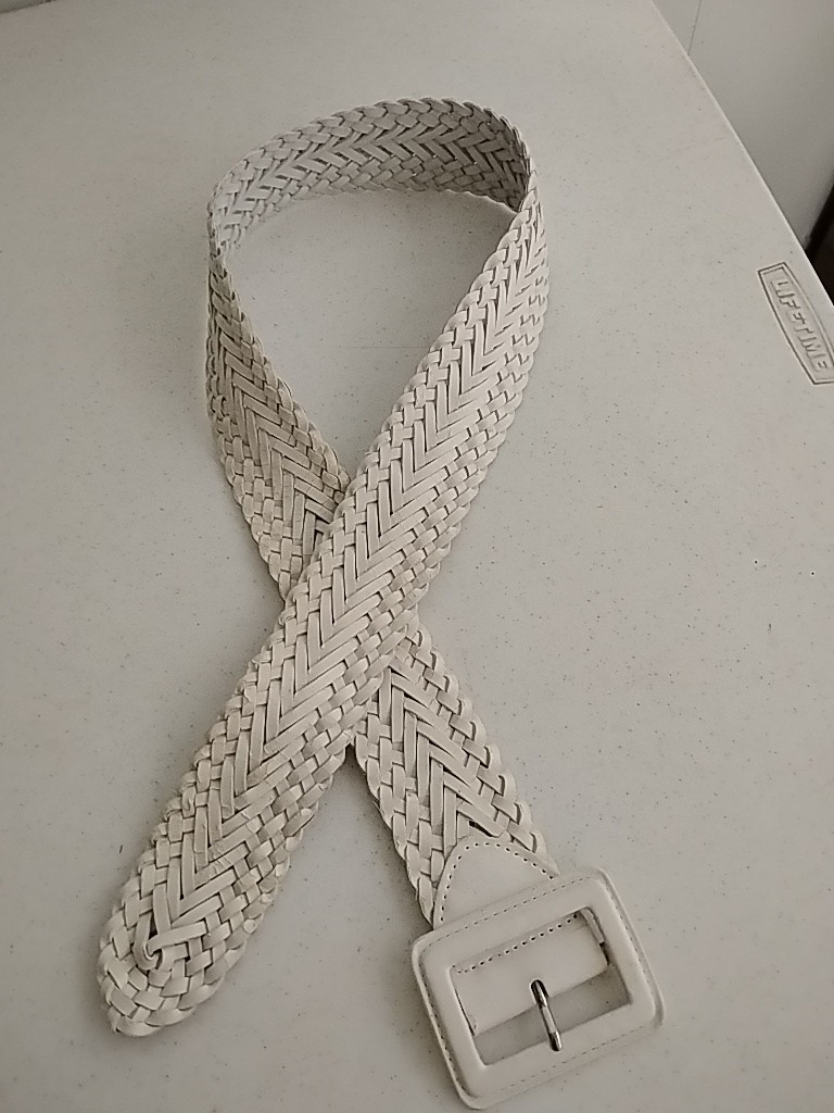 Vintage 90s Leather White Braided Woven Belt Sz M /35 Wrapped Buckle India EUC