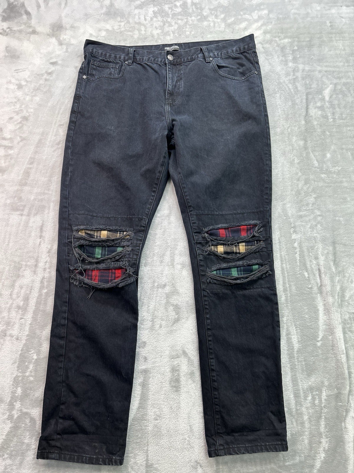 Pink Dolphin Jean Mens Sz 40×36 Black Straight Distressed Flannel Patch Grunge