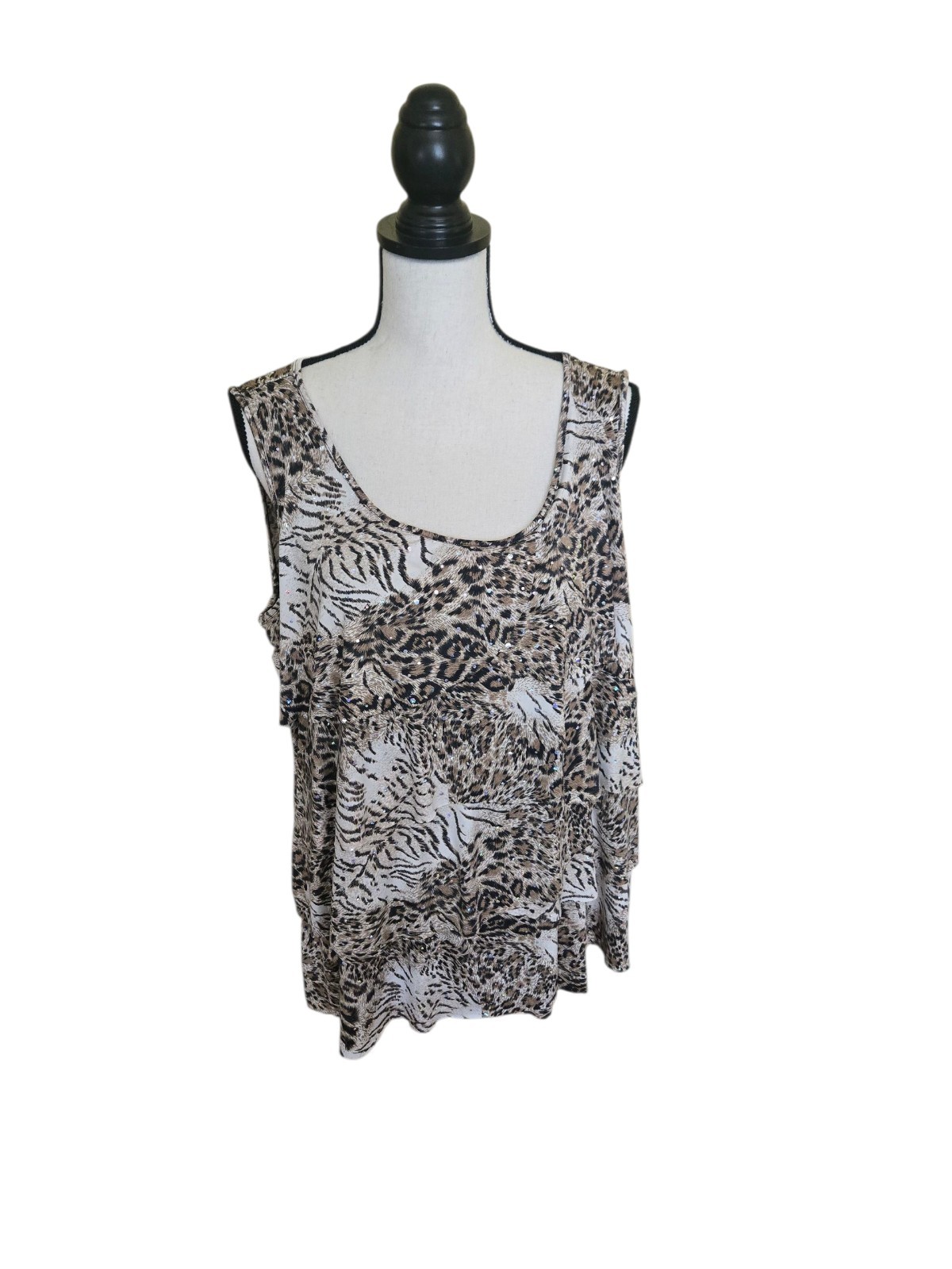 Roz & Ali Animal Print Rhinestone Ruffled Sleeveless Top Blouse Size 1X