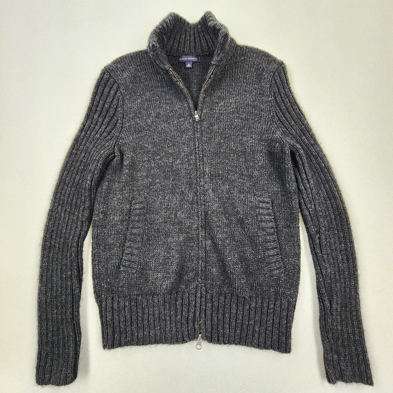 Banana Republic Mens Grey Wool Blend Full Zip Shawl Collar Fisherman Cardigan M