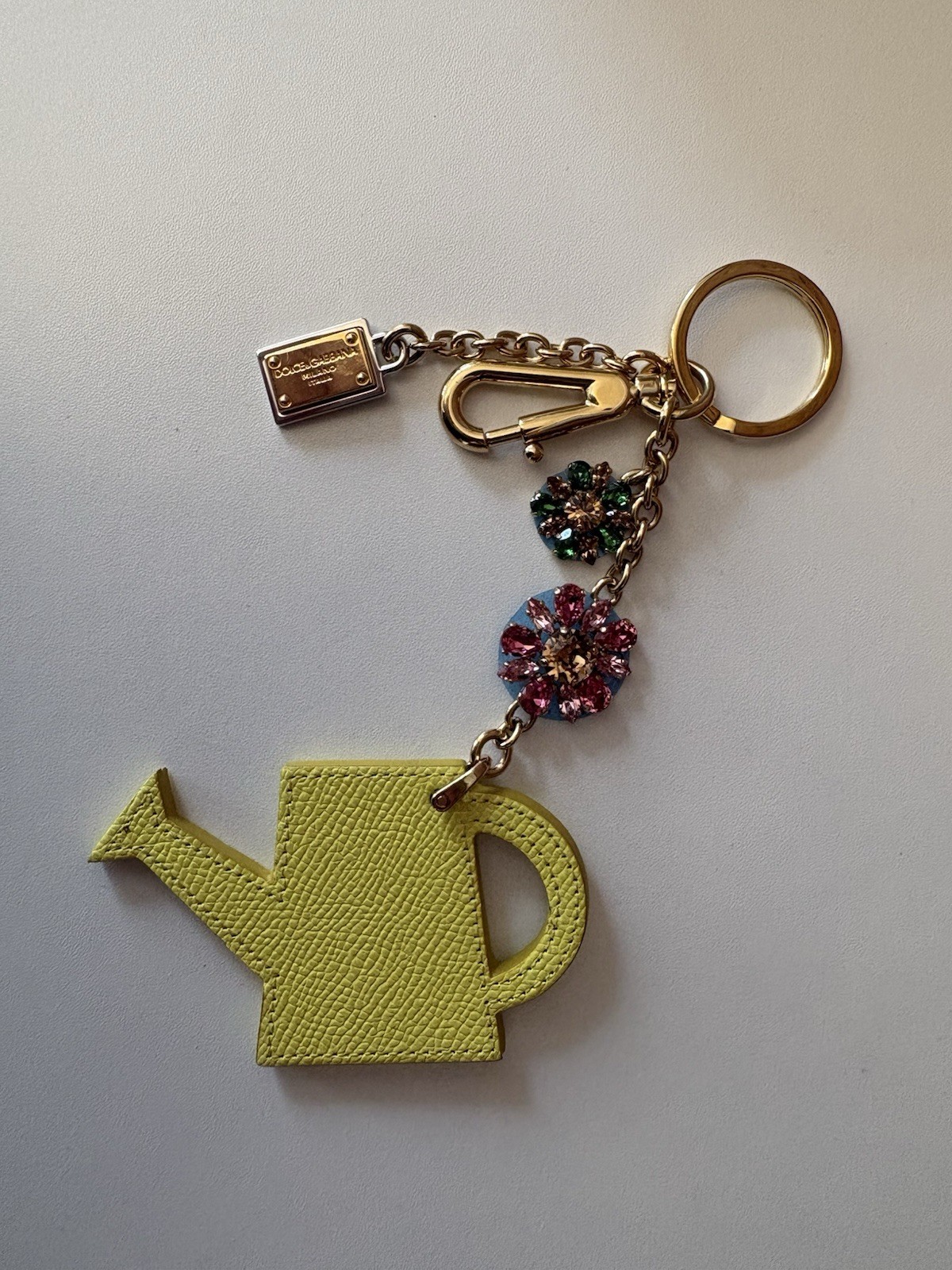 Dolce & Gabbana Yellow Leather Key Chain Watering Can Flower Rhinestone Clip