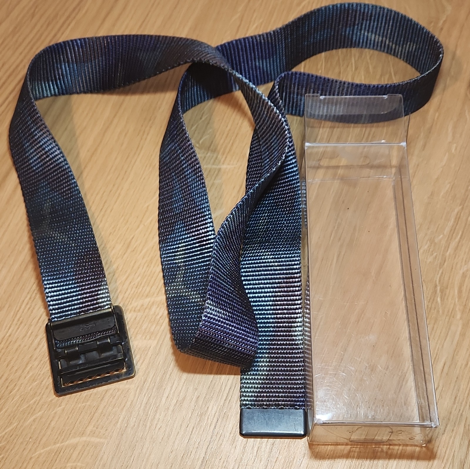 Men’s Blue/Black Striped Webbed Military Belt, Adjustable Buckle, One Size