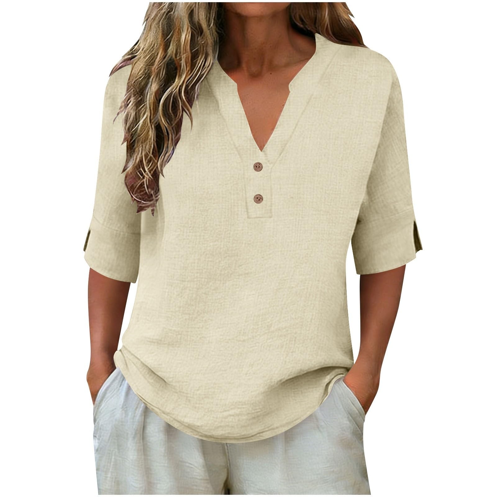 3/4 Shirt Loose Top Down Sleeve Button Linen Fit Women Neck Summer