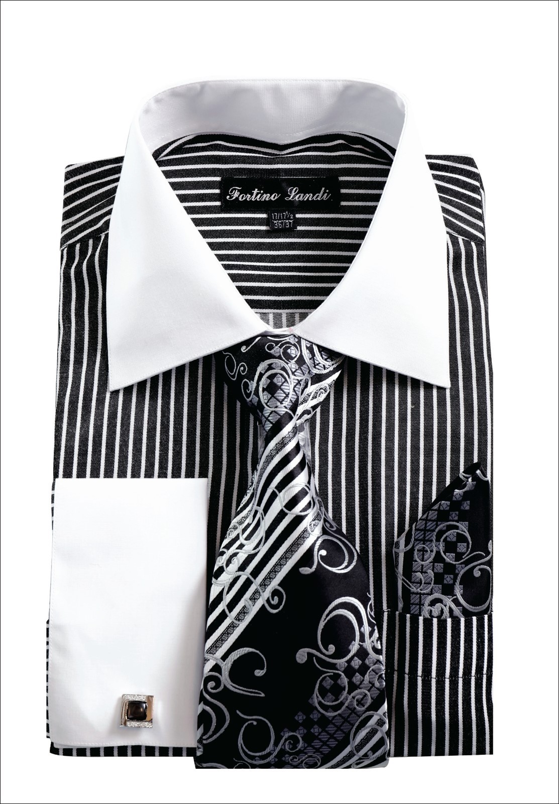 Men’s Striped Fashion French cuff Dress shirt with Tie & Hanky FL631