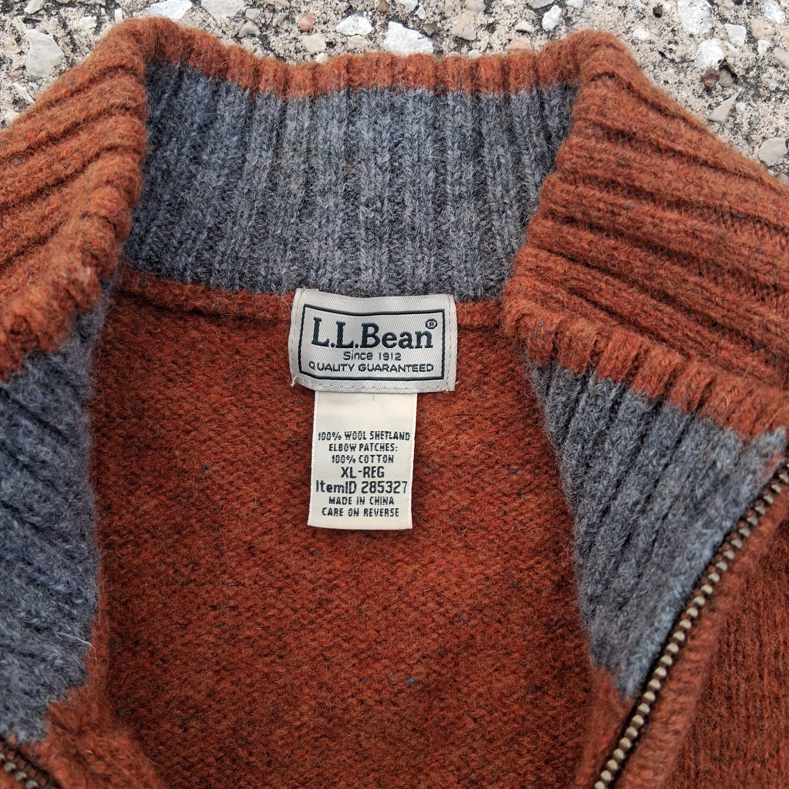 LL Bean XL 100% Shetland Wool 1/4 Zip Sweater Green w/ Elbow Patches