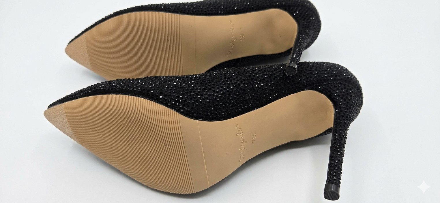 Feelgmate Women’s Black Faux Suede Rhinestone Pointed Toe Slip-On Pumps 7